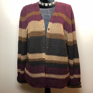 Jones New York Tan Burgundy Stripe Cardigan L